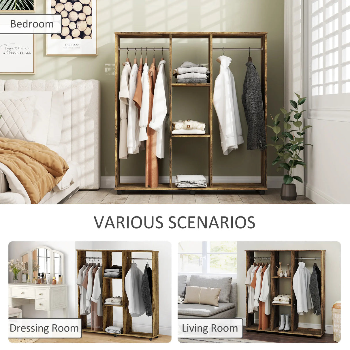 HOMCOM Open Wardrobe Double Mobile Storage Shelves Organizer W/6 Wheels-Rustic Brown