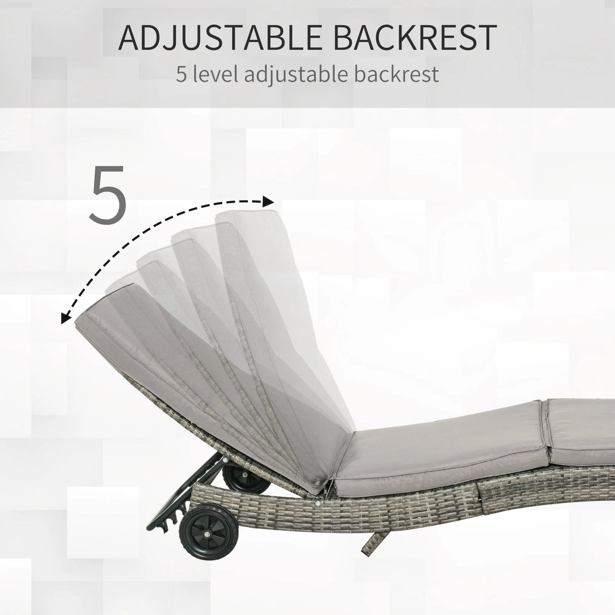 Outsunny Patio Wicker Chaise Lounge Chair, Outdoor PE Rattan Sun Lounger with Adjustable Backrest and 2 Wheels, Grey