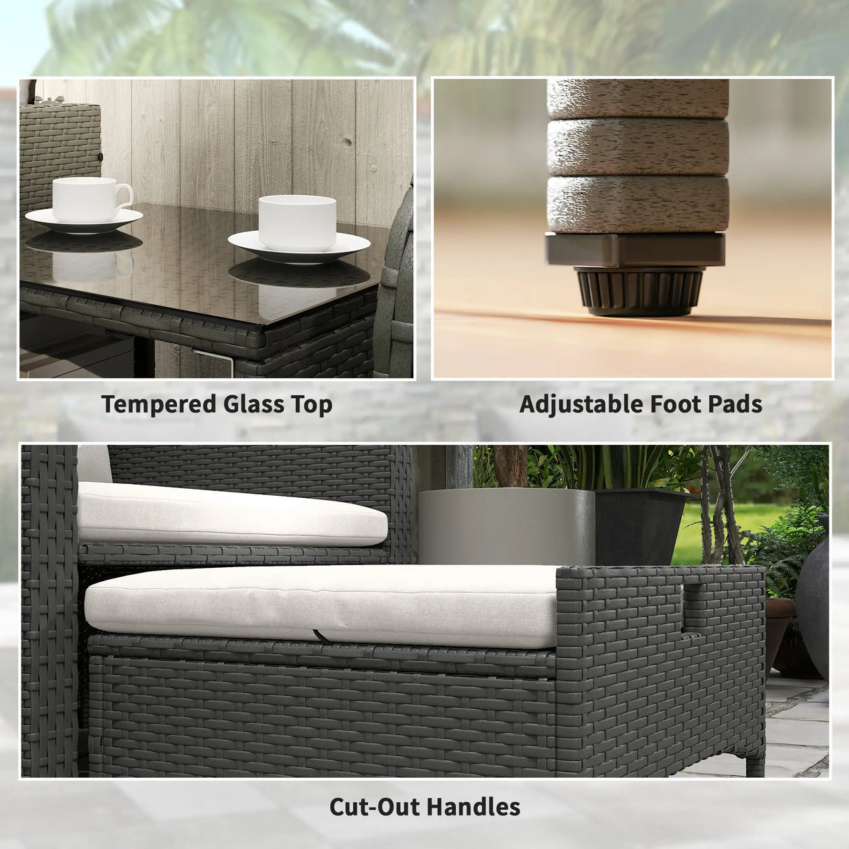 Outsunny Five Piece Rattan Garden Furniture Set with 2-Tier Coffee Table and Ottomans - Cream White