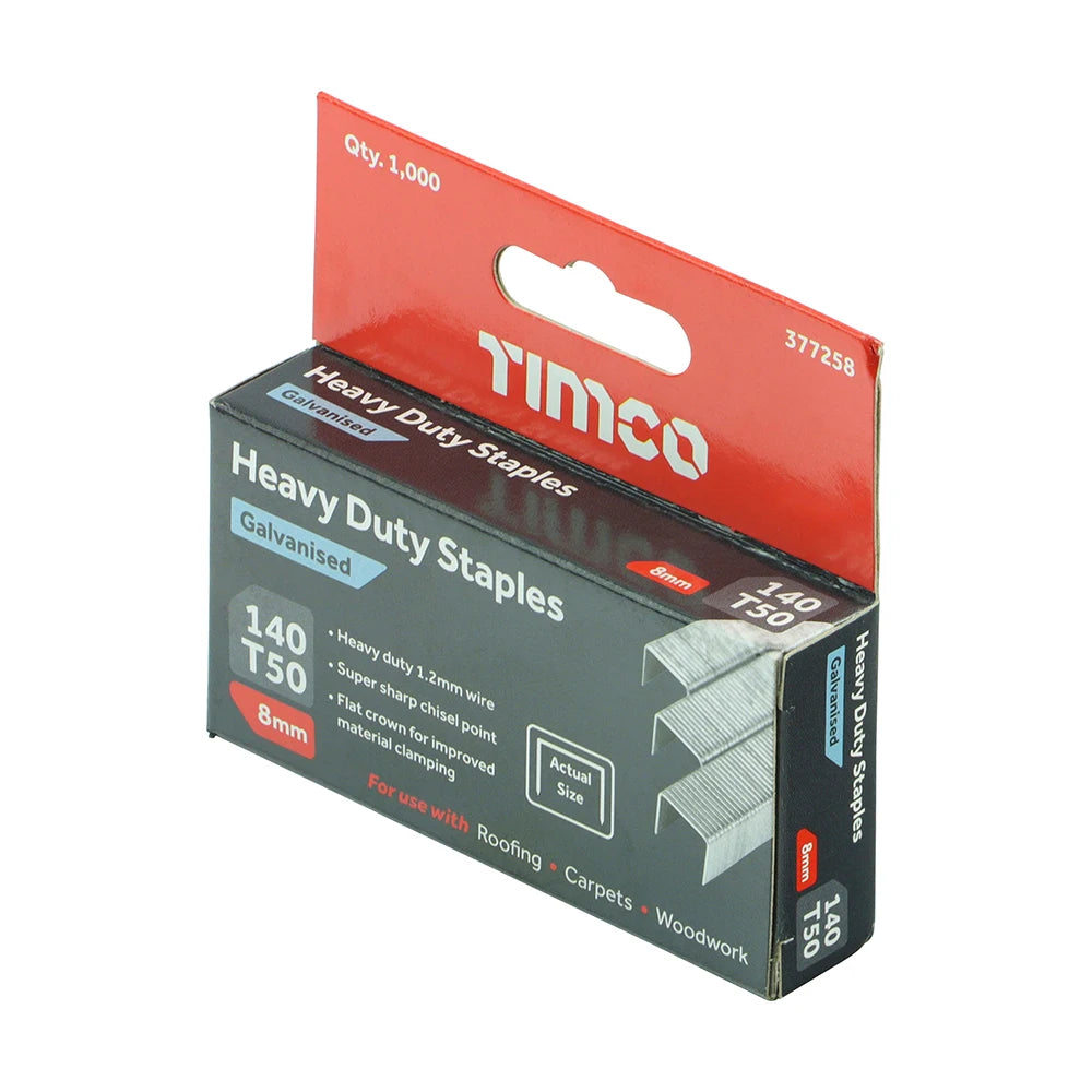 1000 x TIMCO Heavy Duty Chisel Point Galvanised Staples - 8mm