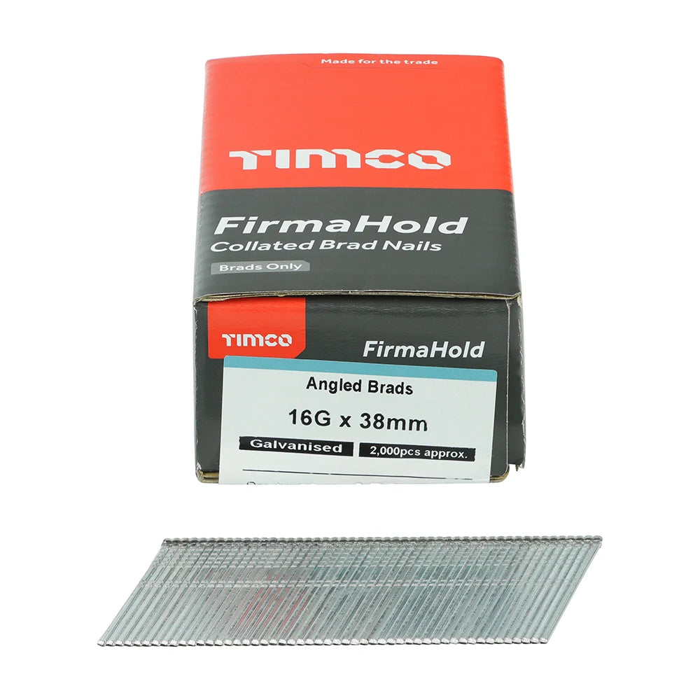 2000 x TIMCO FirmaHold Collated 16 Gauge Angled Galvanised Brad Nails - 16g x 38
