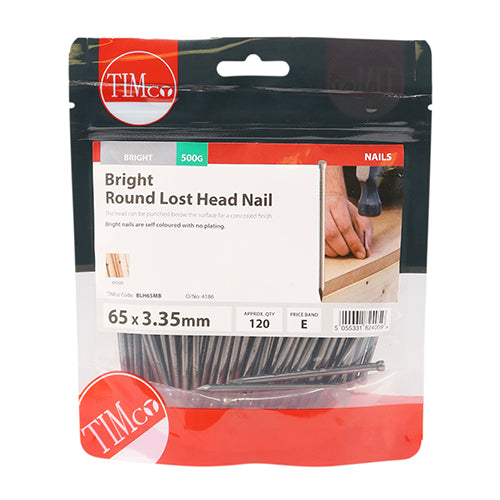 0.5kg - TIMCO Round Lost Head Nails Bright - 65 x 3.35