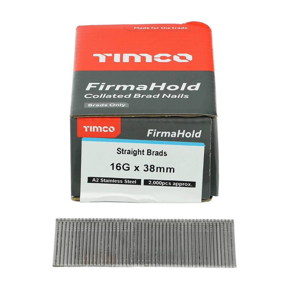 2000 x TIMCO FirmaHold Collated 16 Gauge Straight A2 Stainless Steel Brad Nails - 16g x 38