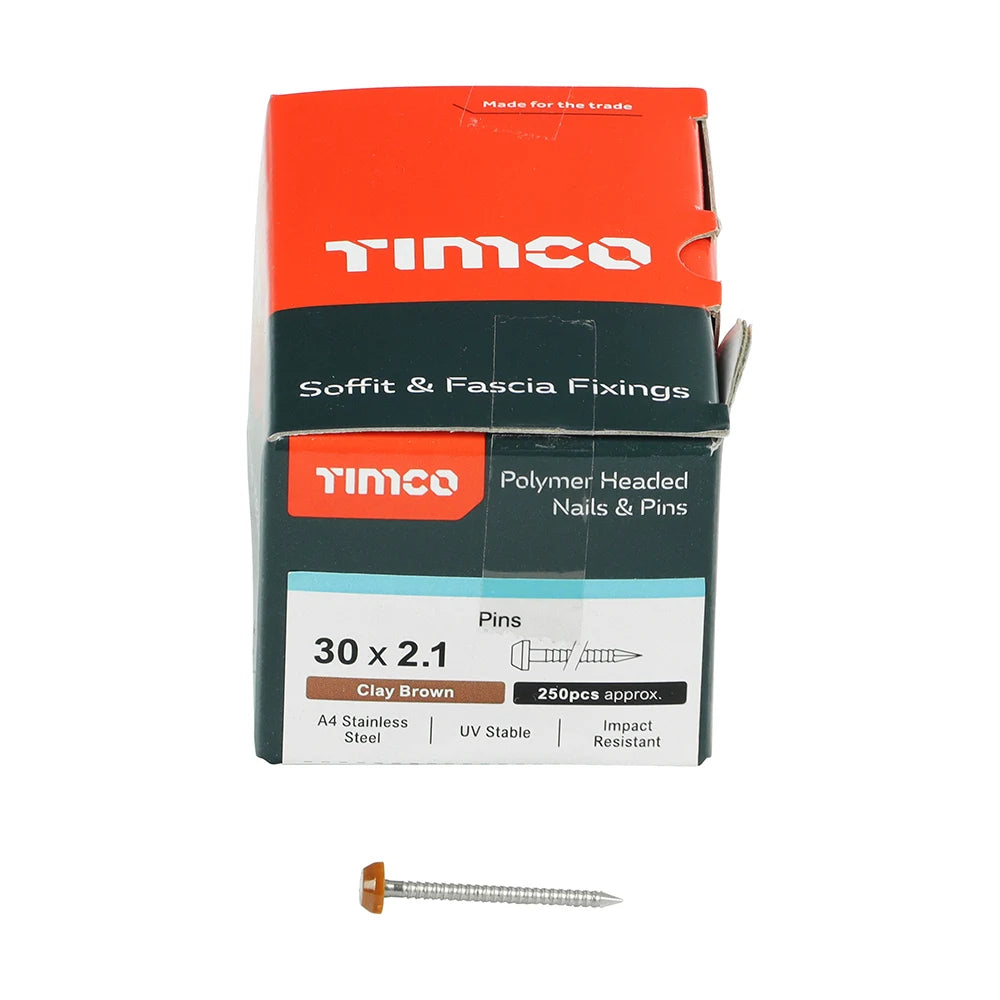 250 x TIMCO Polymer Headed Pins A4 Stainless Steel Clay Brown - 30mm