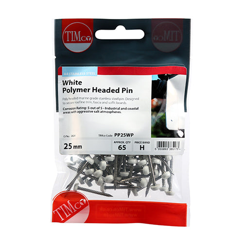 65 x TIMCO Polymer Headed Pins A4 Stainless Steel White - 25mm