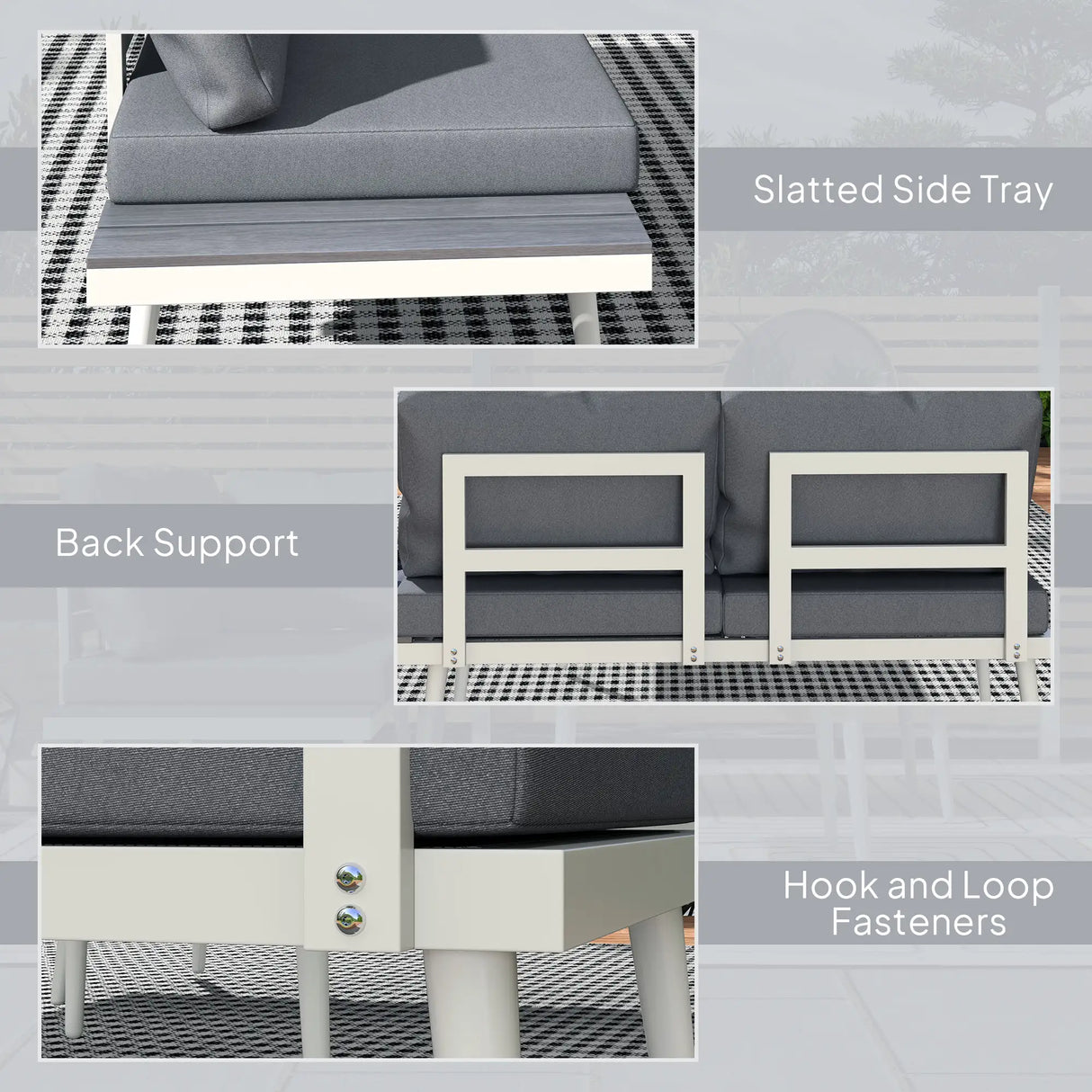 Outsunny 3 Piece Garden Furniture Set with 5-Level Adjustable Lounger, L Shaped Garden Corner Sofa with Cushions, Mesh Seat, Slatted Wood-Grain Table, Outdoor Furniture Set for Conservatory, Grey