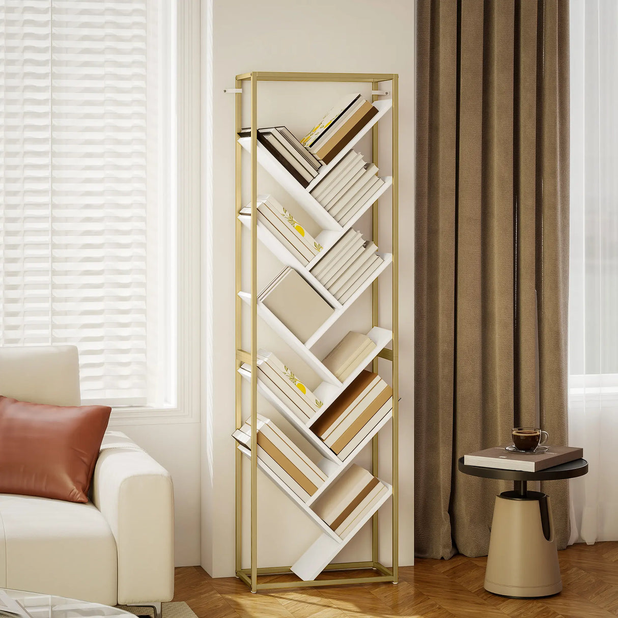HOMCOM 10 Shelf Modern-Style Bookshelf - Gold Tone/White