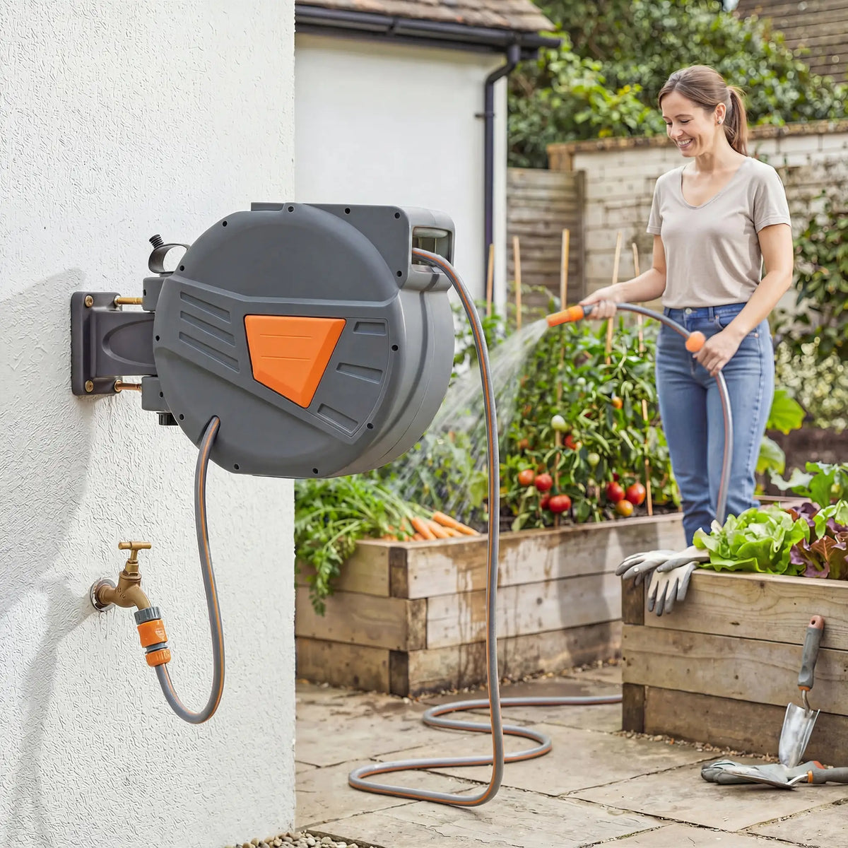 Outsunny Retractable Hose Reel Wall Mounted, 20+1.6m Garden Hose Pipe Reel with Auto Retraction, Self-Locking, Orange