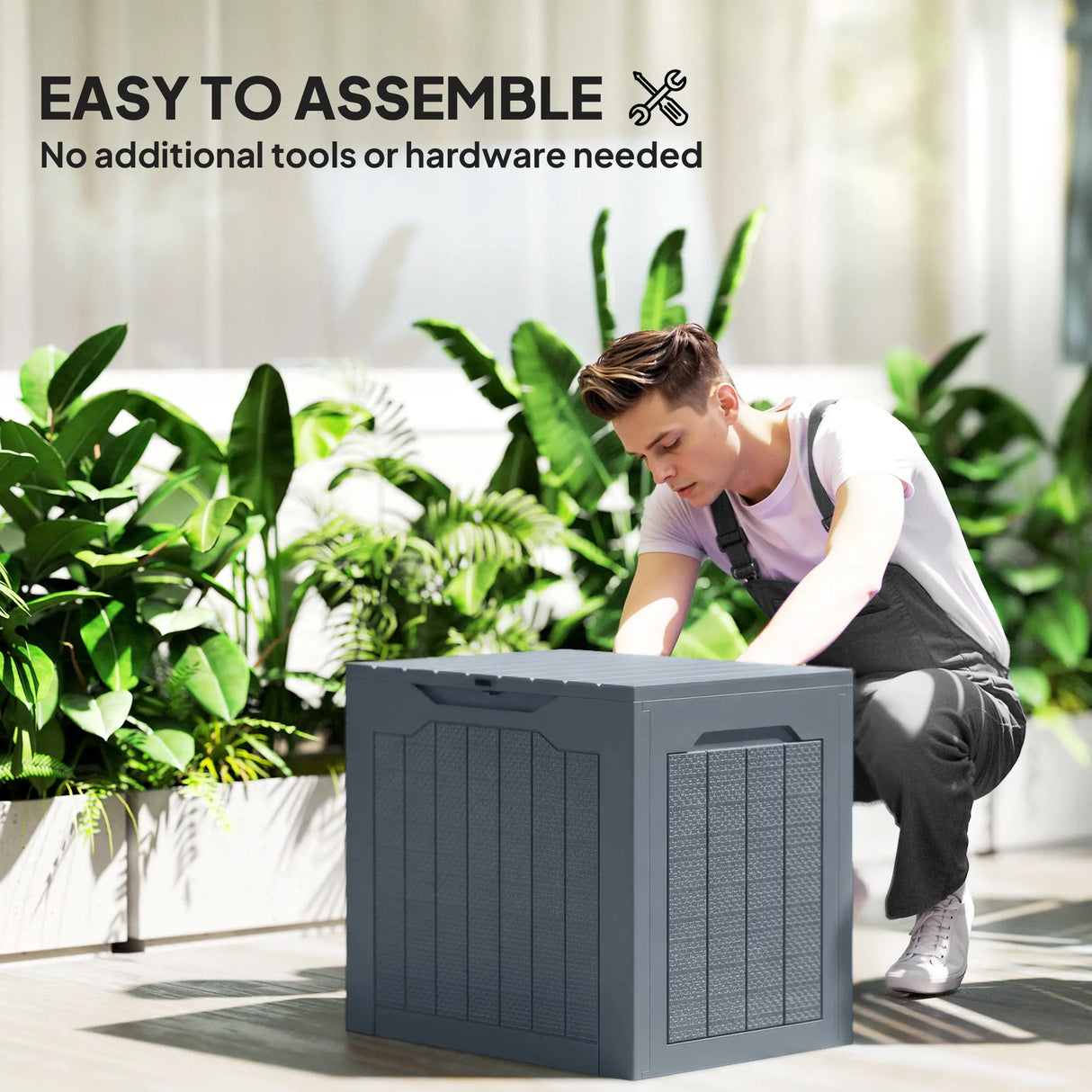 Outsunny 93L Plastic Garden Storage Box, Outdoor Storage Box with Handles, Waterproof Outdoor Storage Container, Light Grey