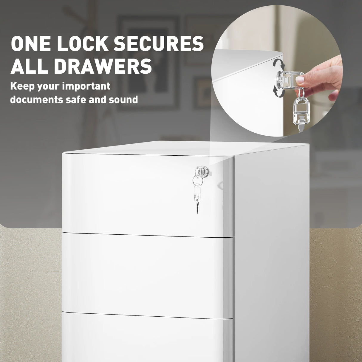 Vinsetto 3-Drawer Steel Filing Cabinet with Lock - White