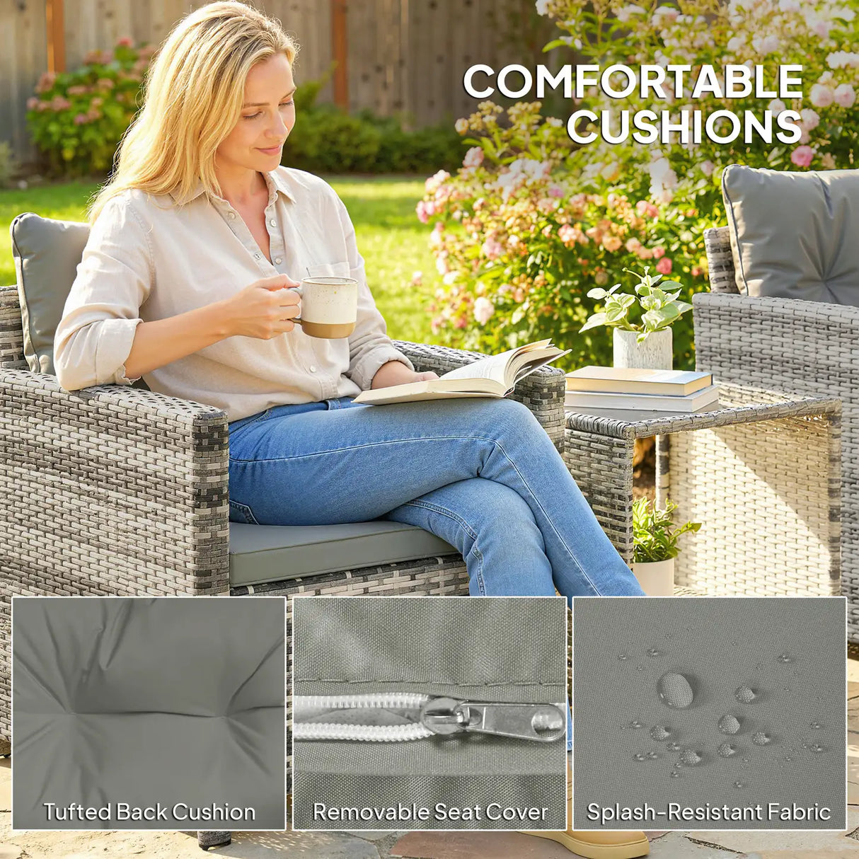 Outsunny Rattan Bistro Set, 3 Piece Garden Furniture Set with 2 Tier Glass Top Table and Cushions, Mixed Grey