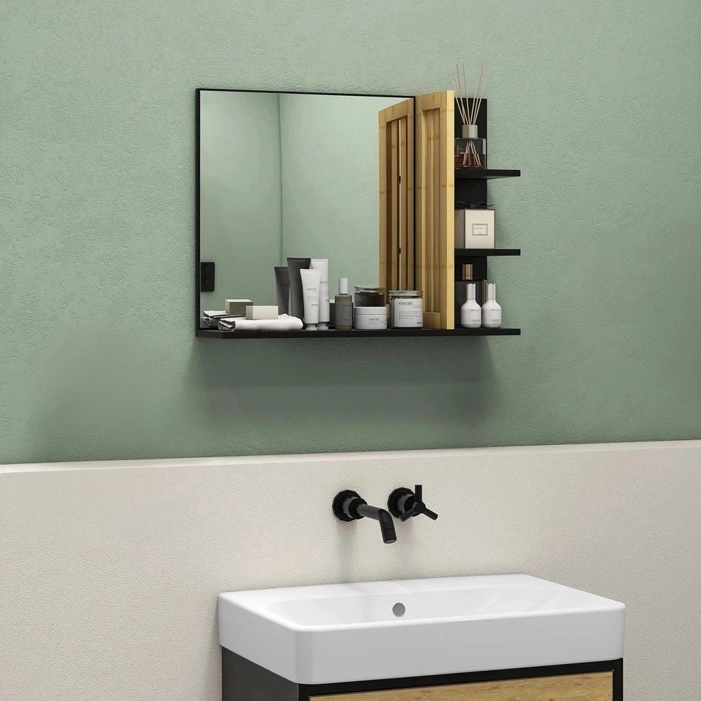 HOMCOM Bamboo Panel Bathroom Mirror, with Shelves