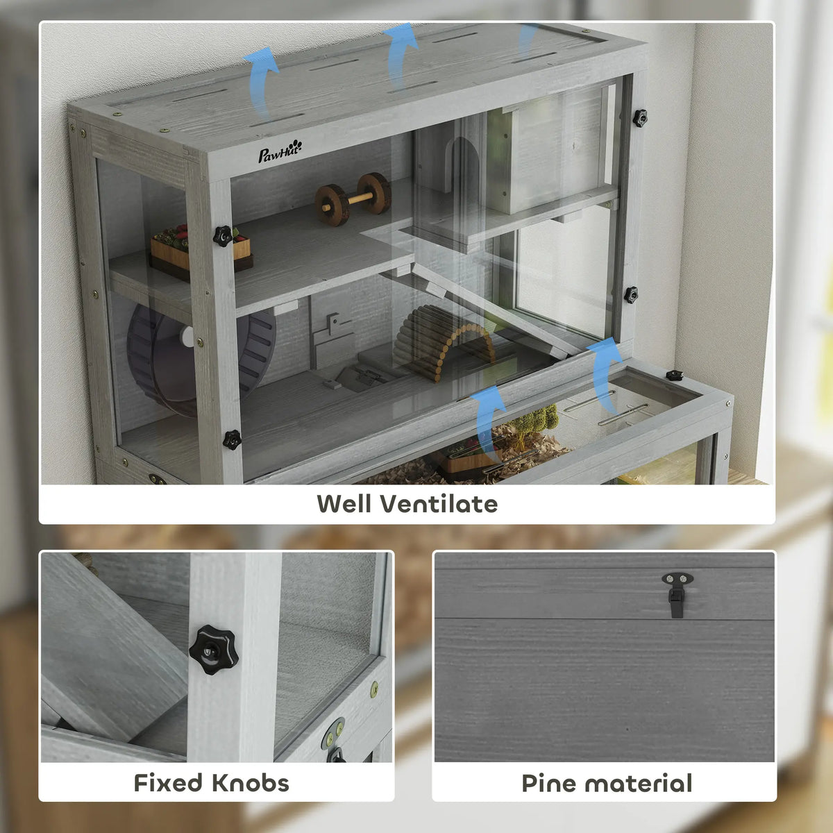PawHut Wooden Hamster Cage with Hut, Wheel, Ramps, Removable Viewing Panels, 80 x 50 x 84 cm, Grey