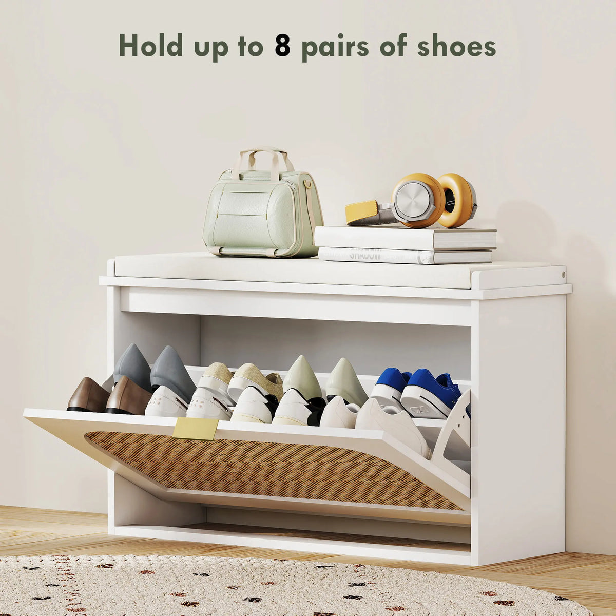 HOMCOM Boho Shoe Bench with Padded Seat and Flip-Drawer - White