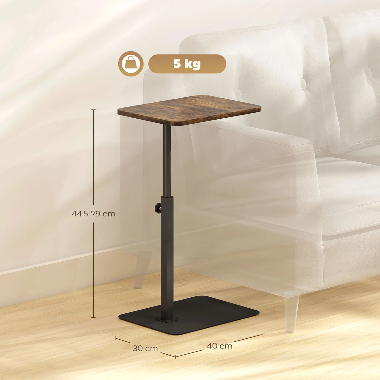 HOMCOM C Shaped Side Table, Small End Table with Adjustable Height and Metal Base for Living Room, Bedroom, Rustic Brown