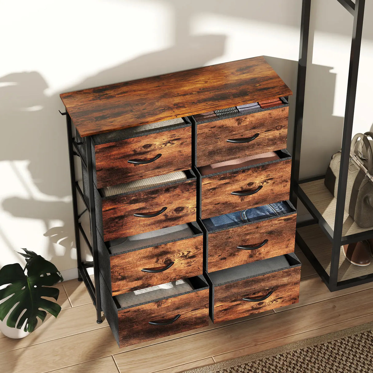 HOMCOM Chest of Eight Fabric Drawers - Rustic Brown