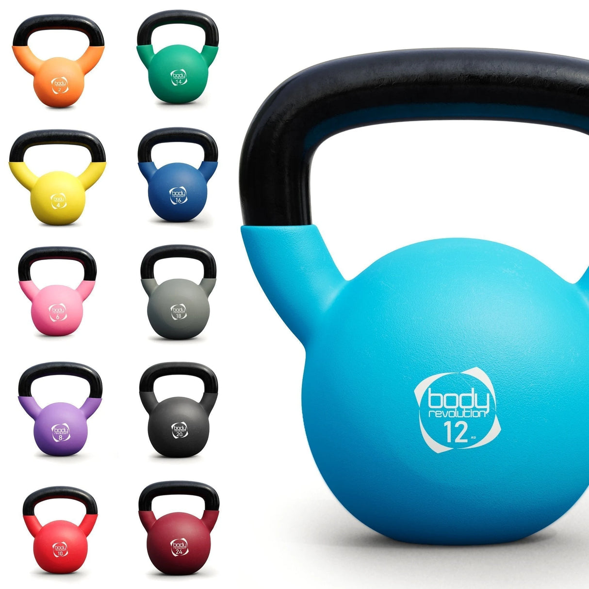Body Revolution Neoprene Coated Kettlebell Set - Durable, Comfortable Handle, 2kg to 24kg, Non-Slip Base for Strength & Aerobic Training 6kg