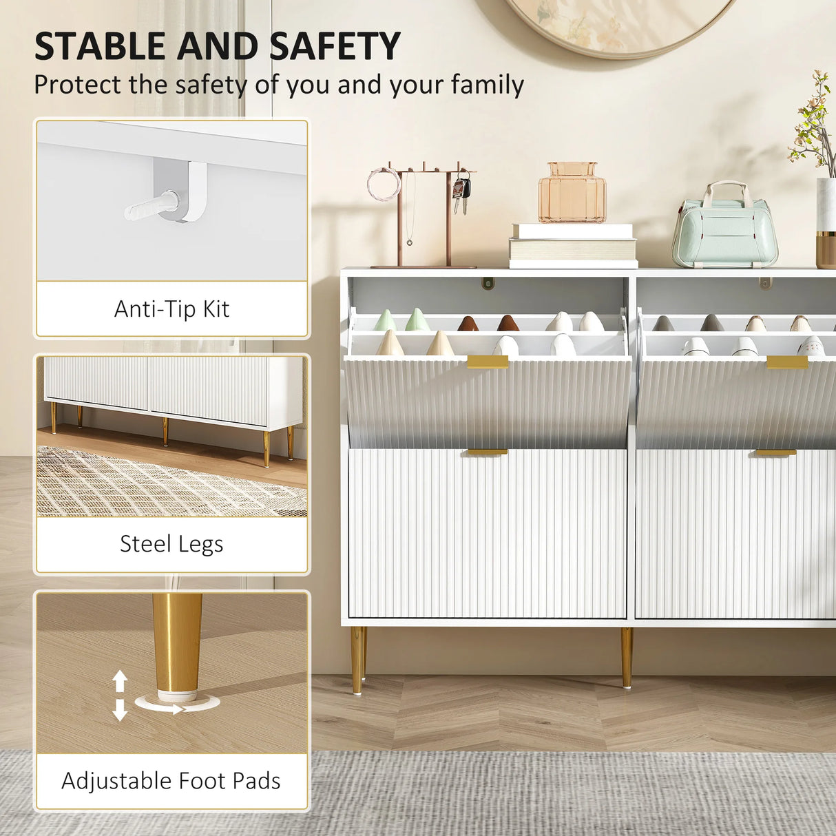 HOMCOM Narrow Shoe Cabinet with 4 Flip Drawers - White