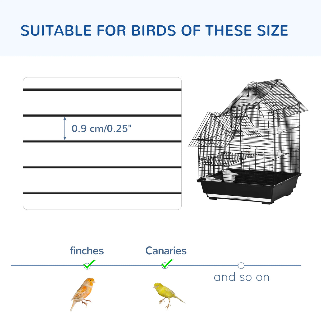PawHut Metal Bird Cage for Finch, Canary w/ Food Containers, Swing Ring, Tray, Handle, 39 x 33 x 47cm