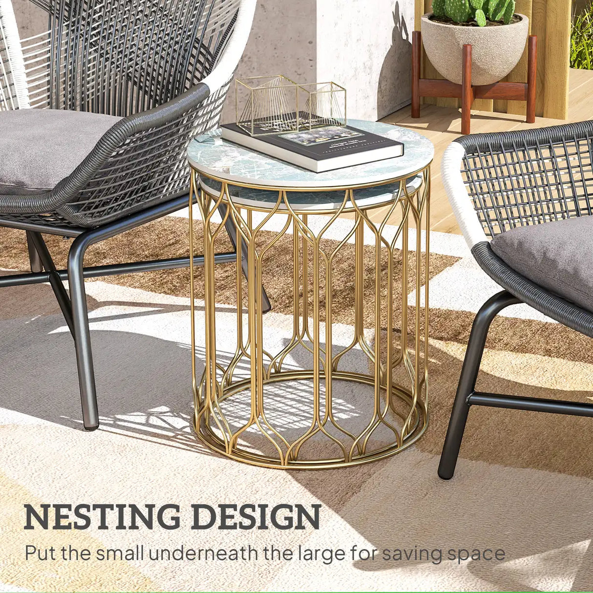 Outsunny Round Coffee Table Set of 2, Modern Nesting Tables with Ceramic Tile Top, Small End Tables, Indoor Outdoor Side Table with Metal Frame for Living Room, Bedroom, Patio, Balcony, Multicoloured