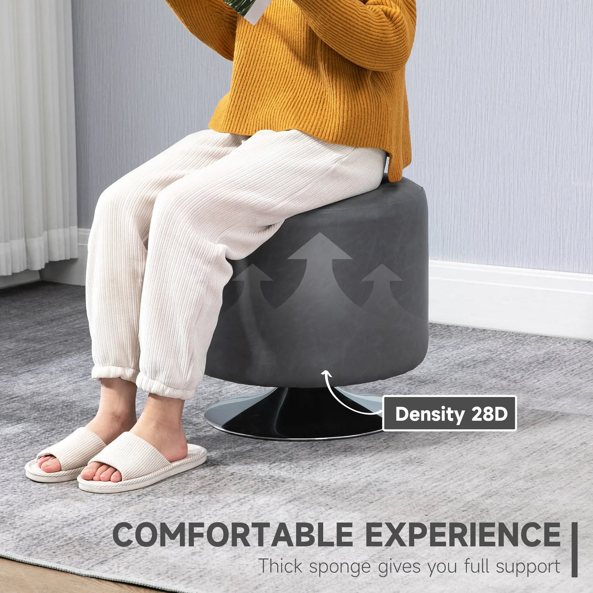 HOMCOM 360 Swivel Foot Stool Round PU Ottoman with Thick Sponge Padding and Solid Steel Base, Grey