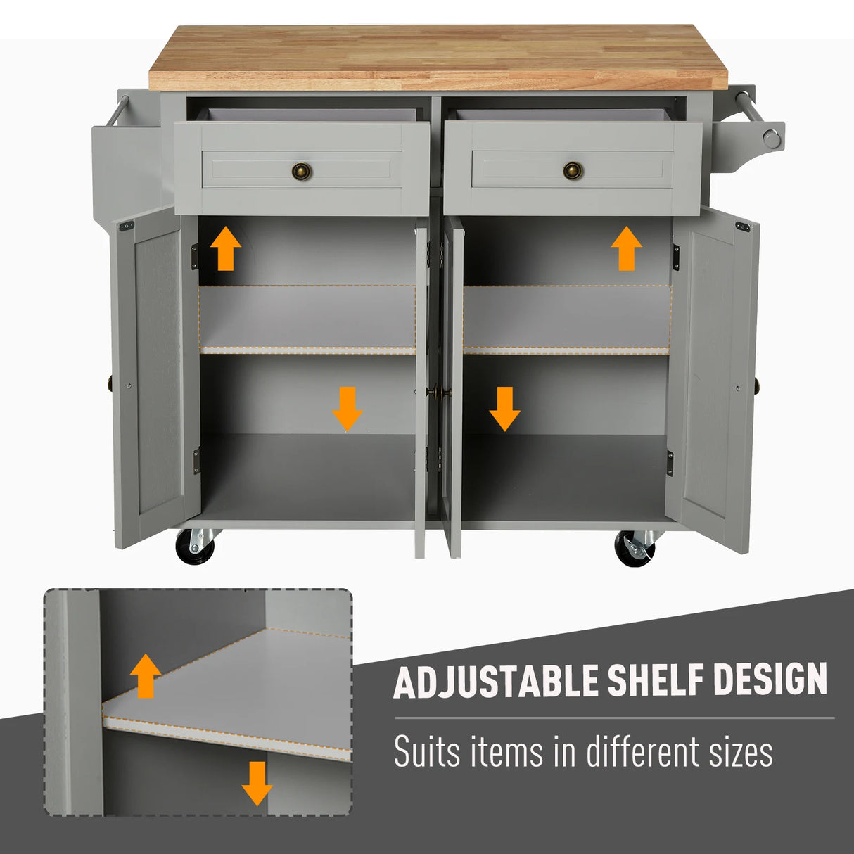 HOMCOM Rolling Kitchen Island Storage Trolley with Rubber Wood Top & Drawers for Dining Room, Grey