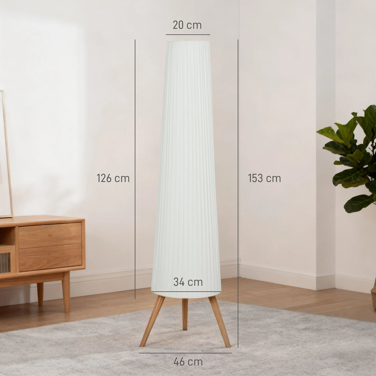 HOMCOM Dimmable Tripod Floor Lamp with Foot Switch, Nordic Standing Lamp with Wood Legs and Fabric Shade for Living Room, Bedroom, Office, 153cm, White