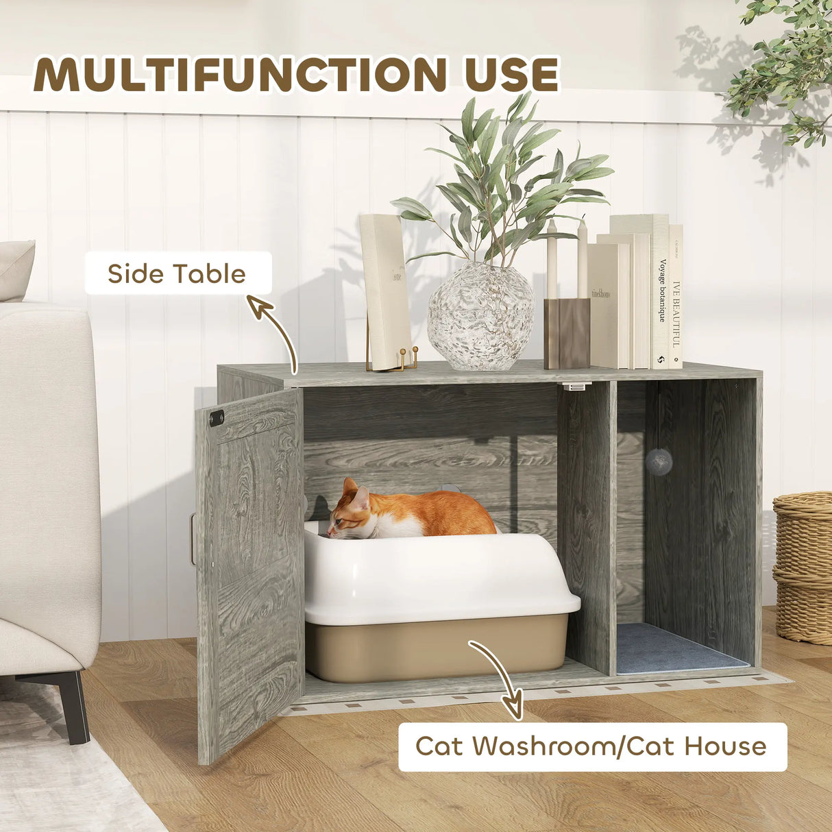 PawHut Cat Litter Box Enclosure with Rattan Door, Scratching Mat, Toy Ball, Non-Slip Foot Pads, Grey