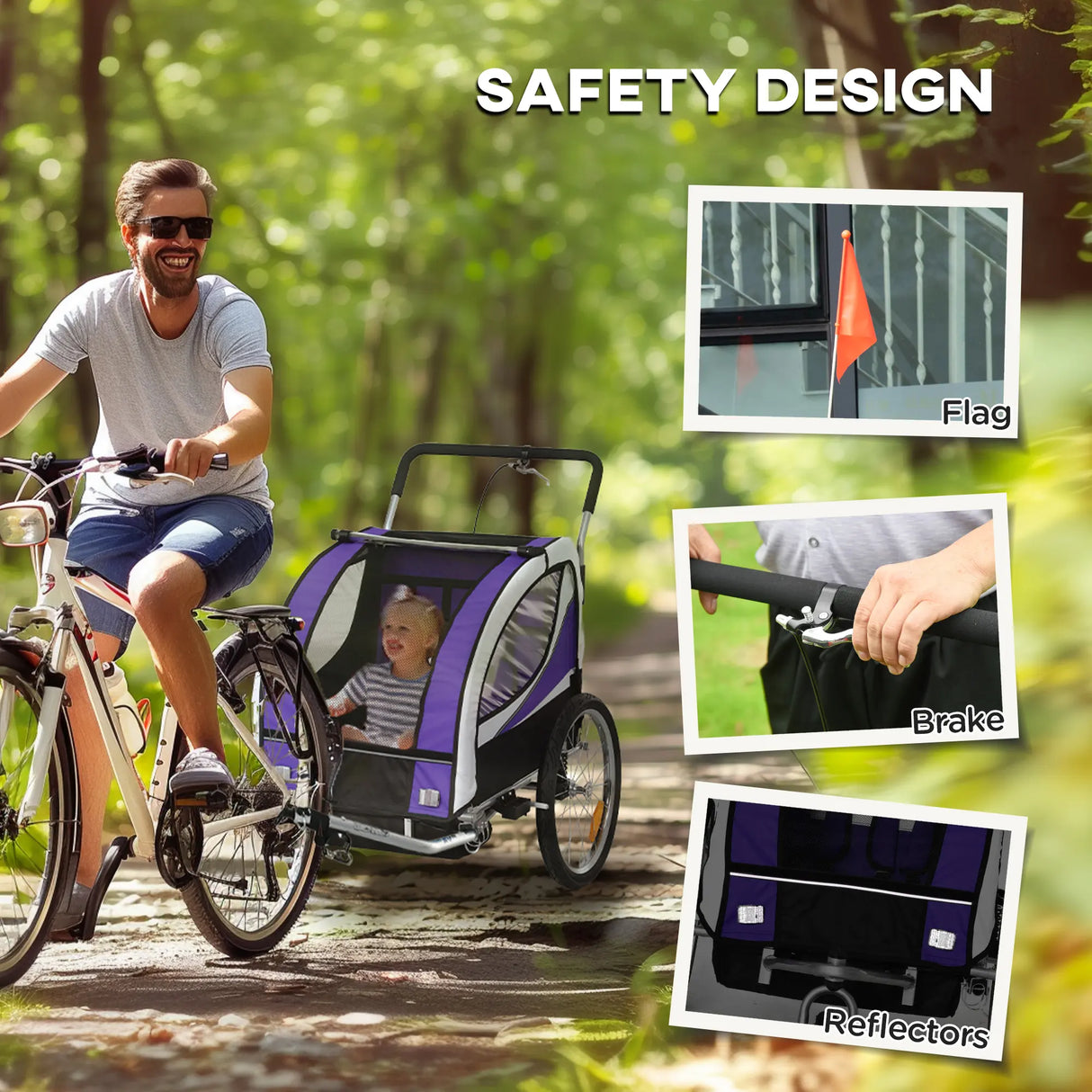 HOMCOM Baby Bike Trailer with 5 Point Harness, Steel Frame, Reflectors, Safety Flag, Hitch Coupler, Purple