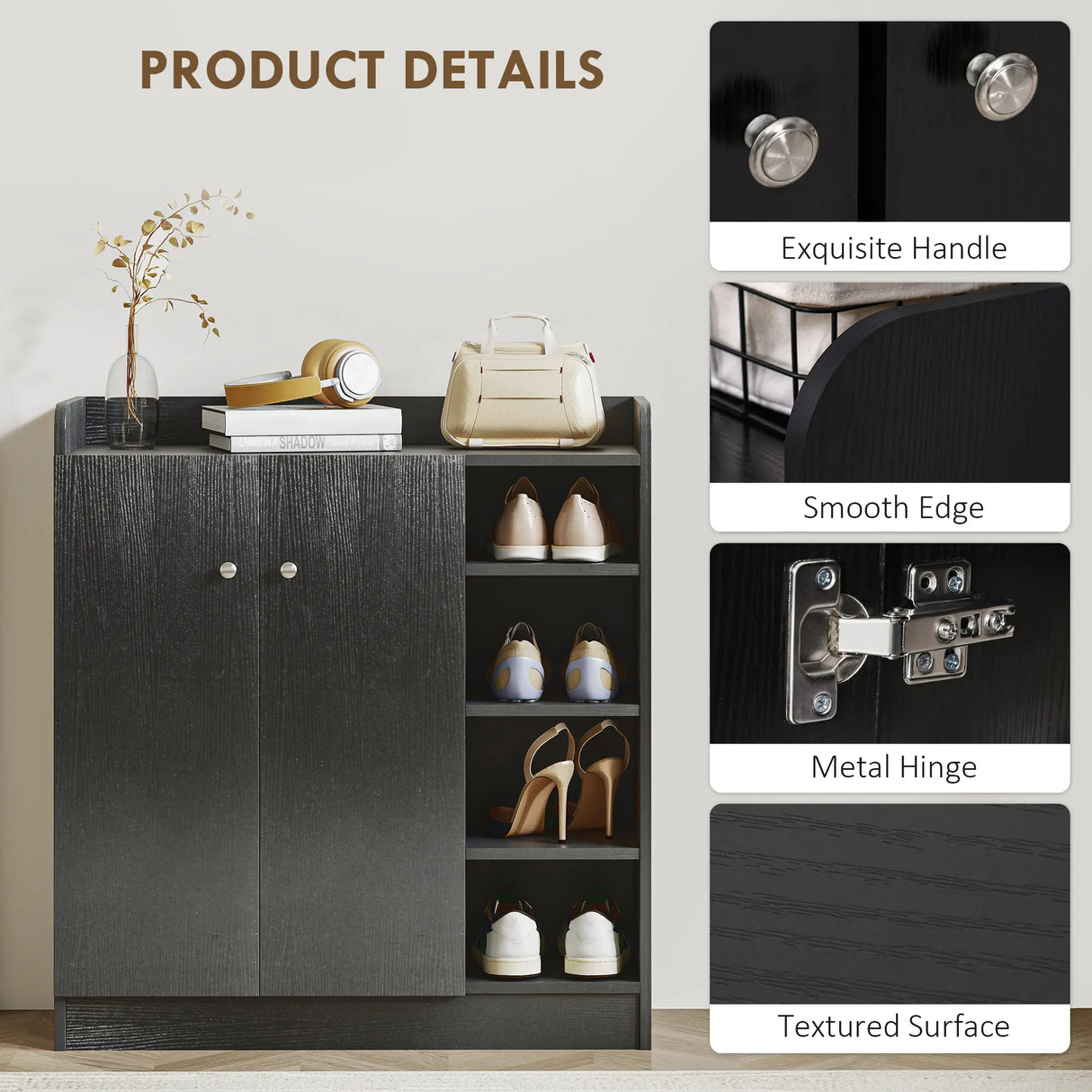 HOMCOM Shoe Storage Cabinet with Adjustable Shelves - Black