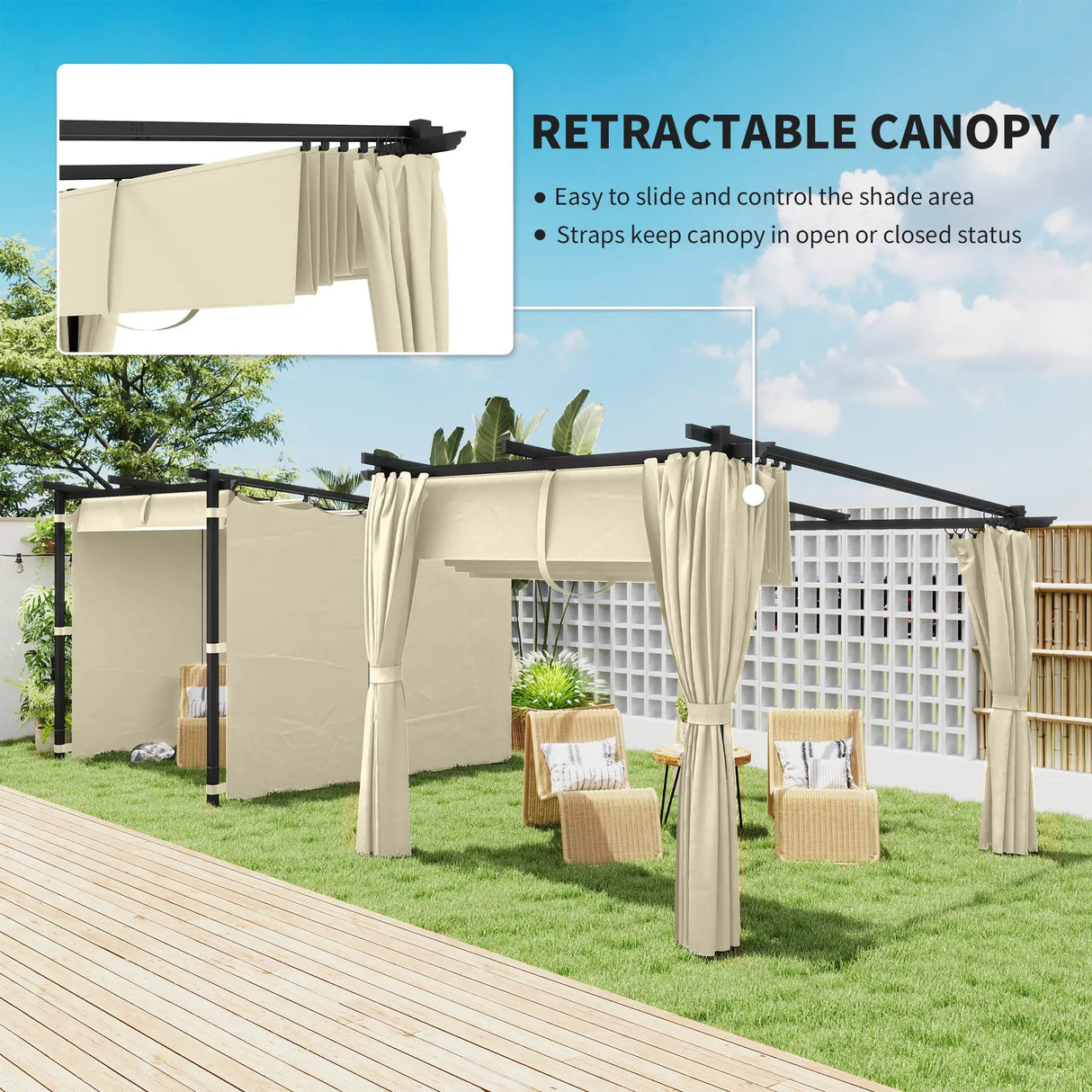 Outsunny 3 x 3 m Retractable Roof Pergola, with Curtains - Beige