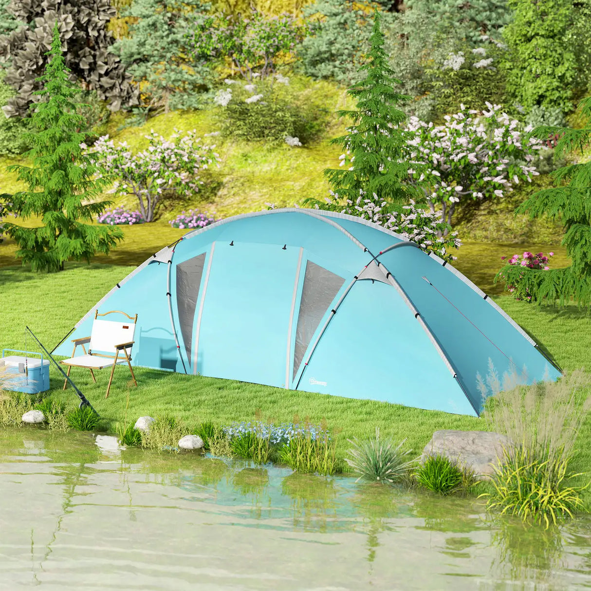 Outsunny 4-6 Man Family Camping Tent w/ 2 Bedrooms and a Living Room, Waterproof Tunnel Tent w/ Sewn In Groundsheet, Doors, Windows, Carry Bag, Blue