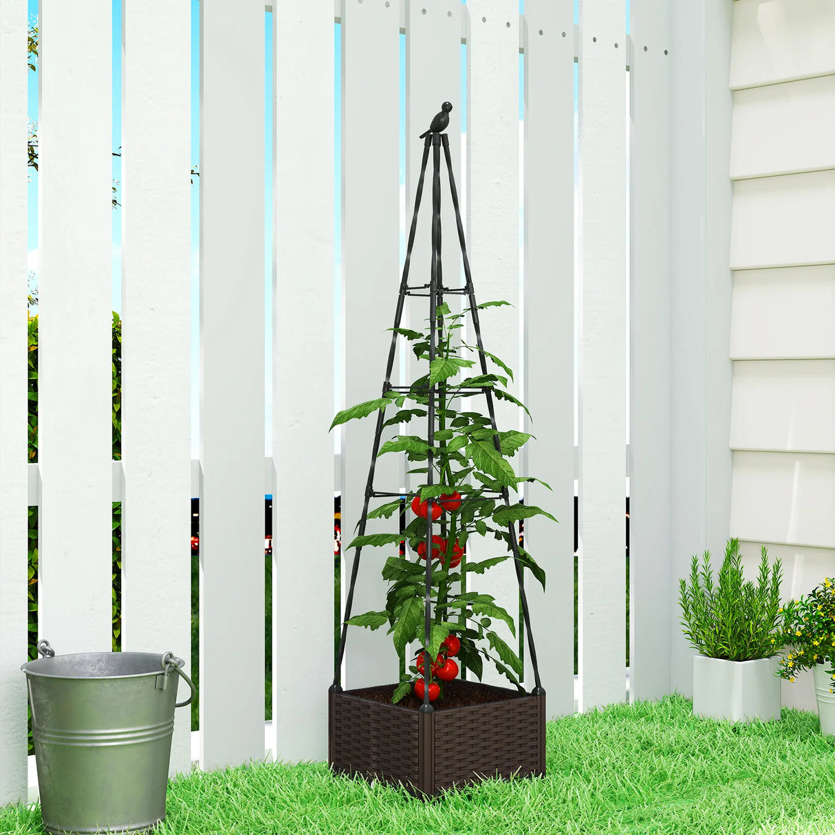 Outsunny Raised Bed for Garden, Raised Garden Bed Planter Box with Trellis, Self Watering, Drainage Holes and Plugs