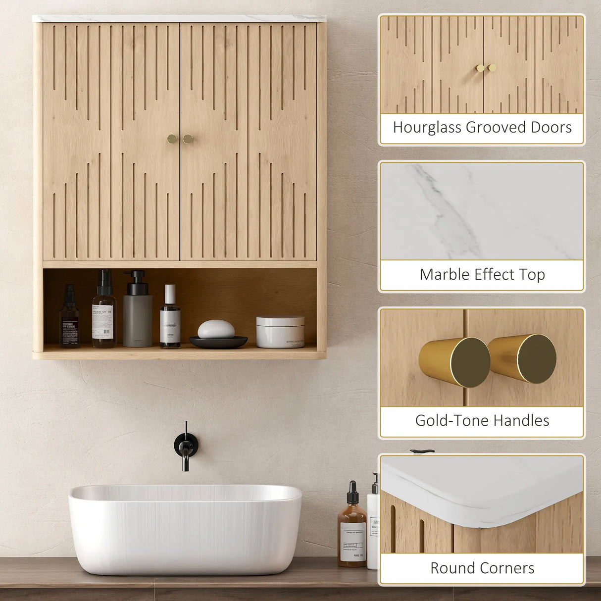 HOMCOM Bathroom Wall Cabinet with Adjustable Shelf - Oak