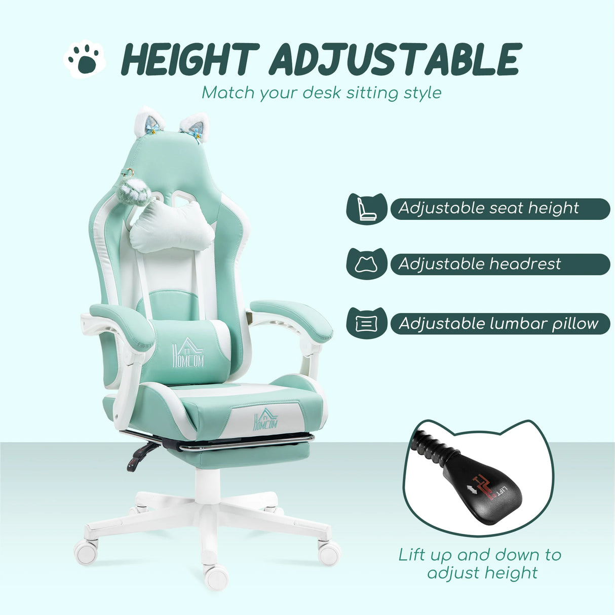 HOMCOM Cat Ear and Paw Reclining Office Chair, with Footrest - Light Blue/White