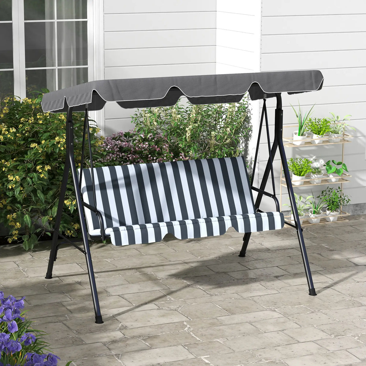 Outsunny 3 Seater Garden Swing Chair, Outdoor Swing Chair with Adjustable Canopy, Mental Frame & Cushions, Grey