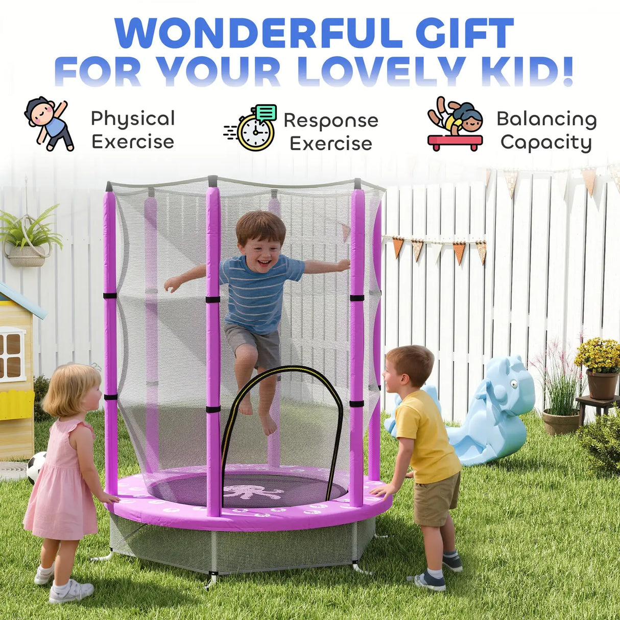 AIYAPLAY 4.6ft Toddler Trampoline w/ Safety Enclosure Net, for Indoor Outdoor Use, Ages 3-6 Years, Purple