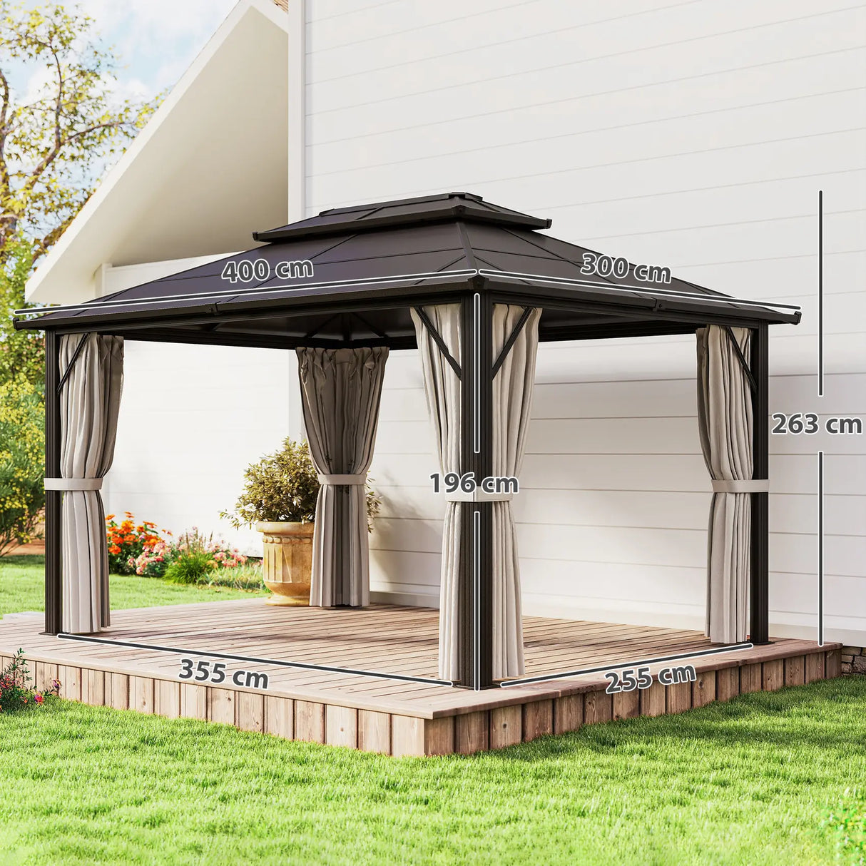 Outsunny 3 x 4m Hardtop Gazebo Canopy with UPF30+ Double Polycarbonate Roof, Aluminium Frame Garden Gazebo Permanent Pavilion with Mosquito Netting and Curtains for Patio, Deck, Beige