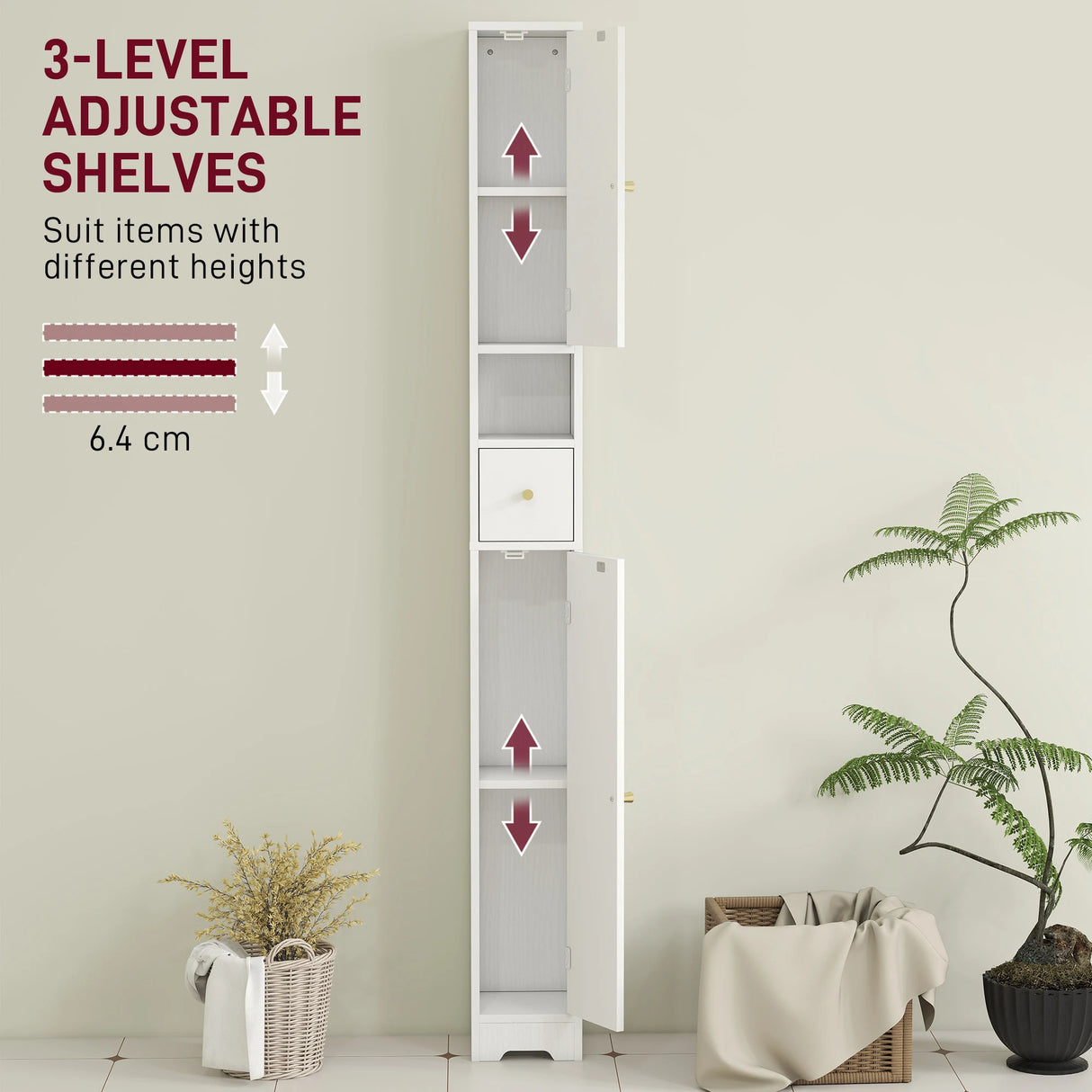 HOMCOM 185 cm Tall Bathroom Cabinet with Arched Doors - White