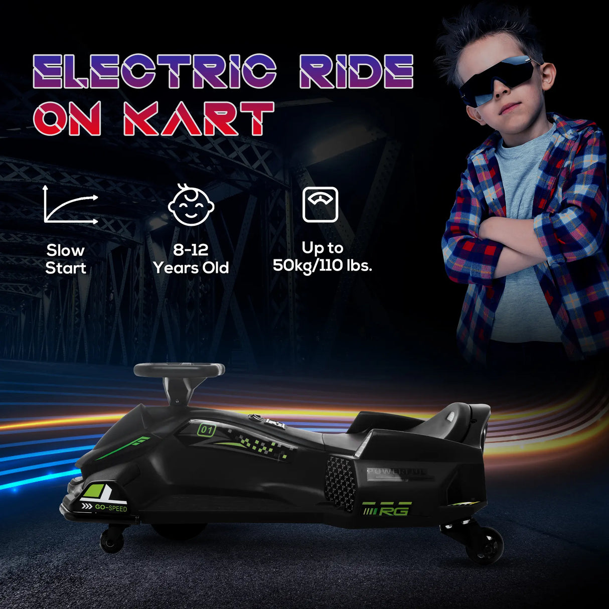 HOMCOM 12V Kids Electric Go Kart with Music, LED Lights, Slow Start, Black