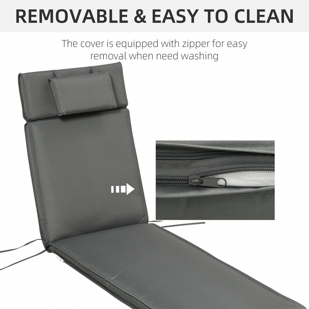 Outsunny Garden Sun Lounger Cushion Replacement Soft Sunbed Reclining Chair Relaxer Pad with Pillow, Cushion ONLY - Grey