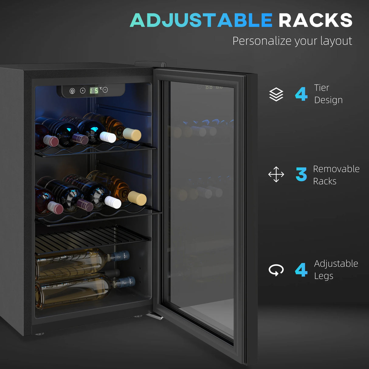 HOMCOM 24 Bottle Wine Cooler, 68 Litre Capacity, 4-16C Freestanding Drinks Beer Wine Fridge with Glass Door, Black