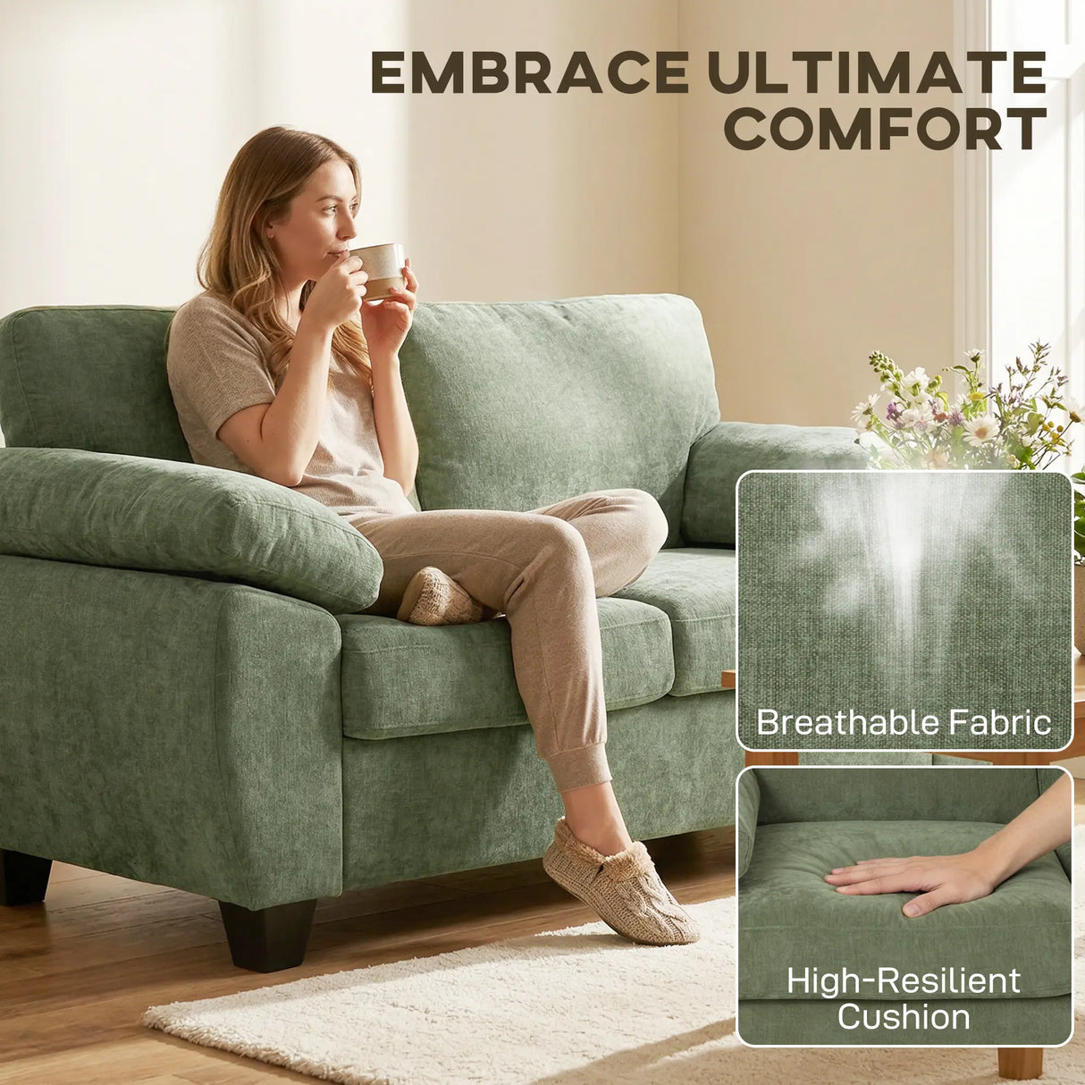 HOMCOM 2 Seater Sofa, 156cm Chenille Loveseat Sofa, Dark Green