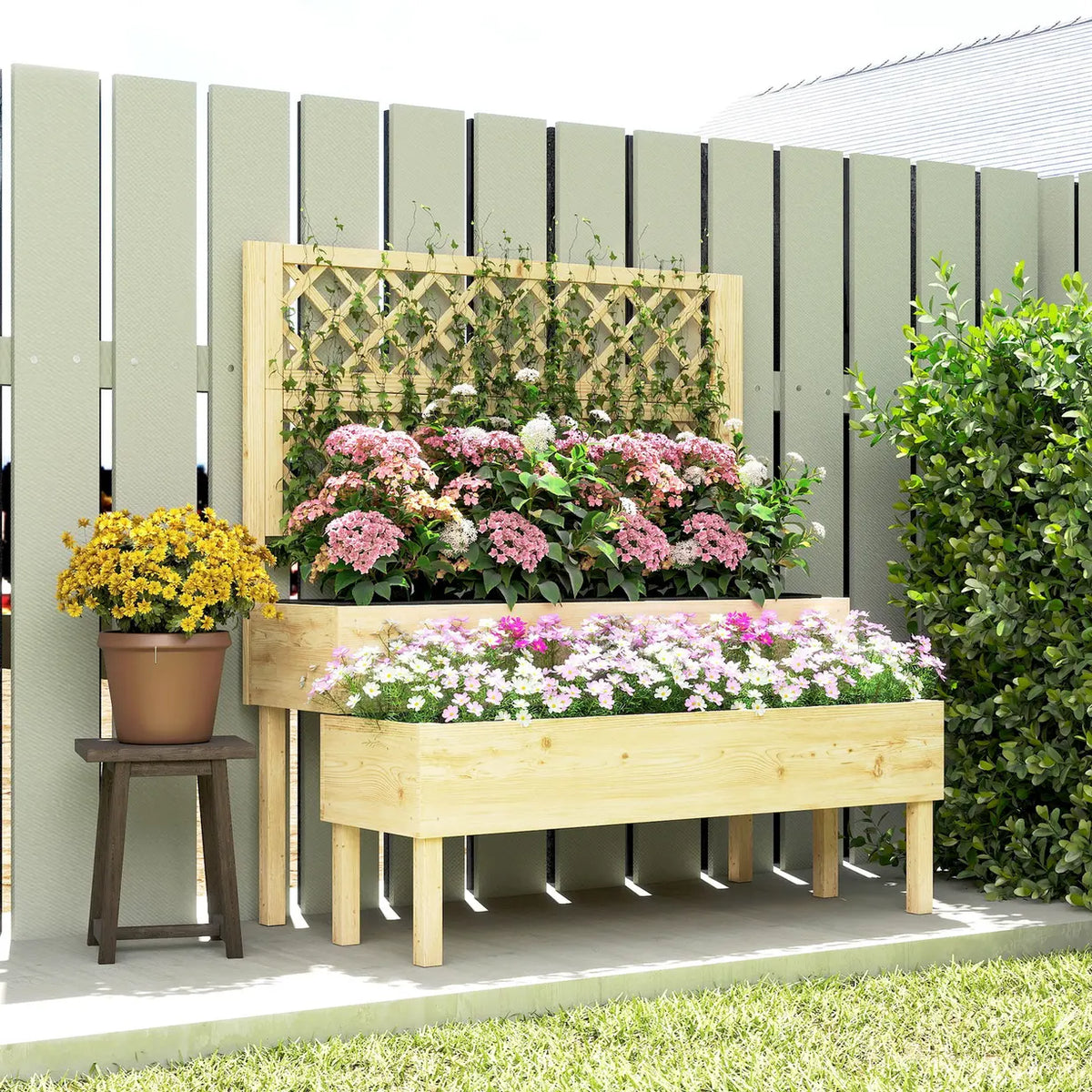 Outsunny Raised Garden Bed 2-Tier Stepped Design Planter Box with Trellis for Climbing Plants 108x62x120 cm