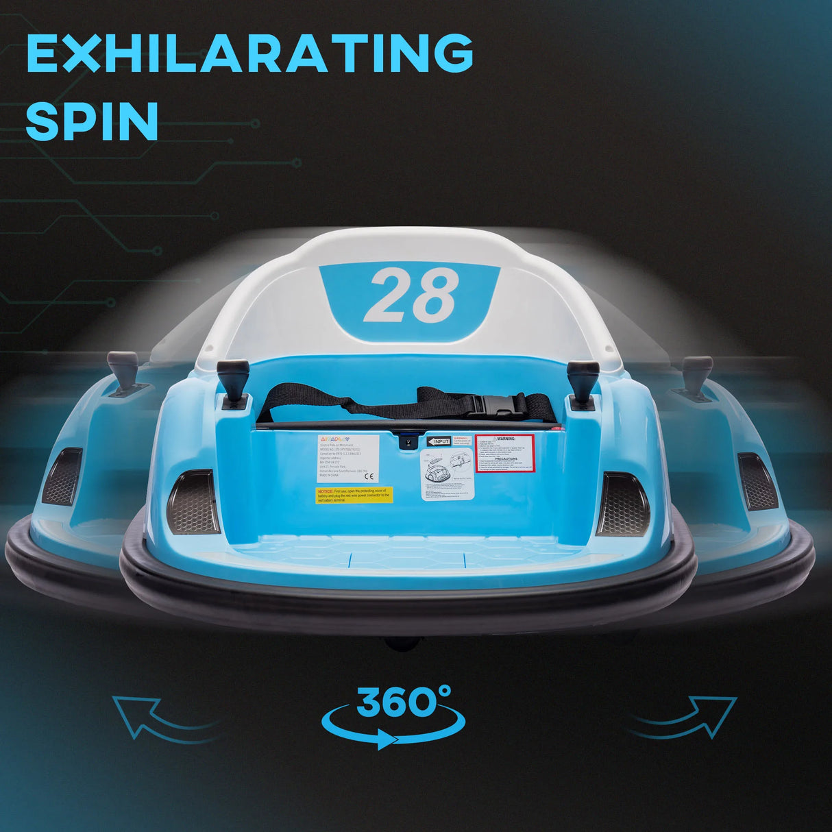 AIYAPLAY 360 Rotation Kids Bumper Car, 12V Waltz Car with Remote Control, Dual Joystick, Music, Lights, Light Blue