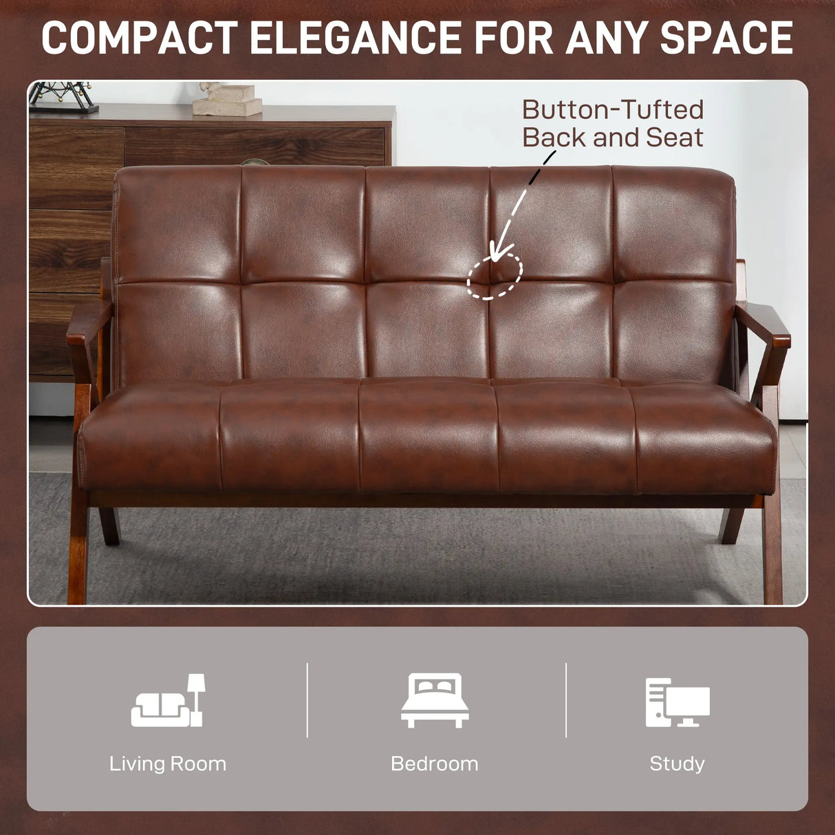 HOMCOM Compact 2 Seater Sofa, Vintage Tufted Loveseat Sofa with Solid Wood Legs, PU Leather Small Couch Settee for Living Room, Bedroom, Home Office, 133 x 81 x 78.5 cm, Brown