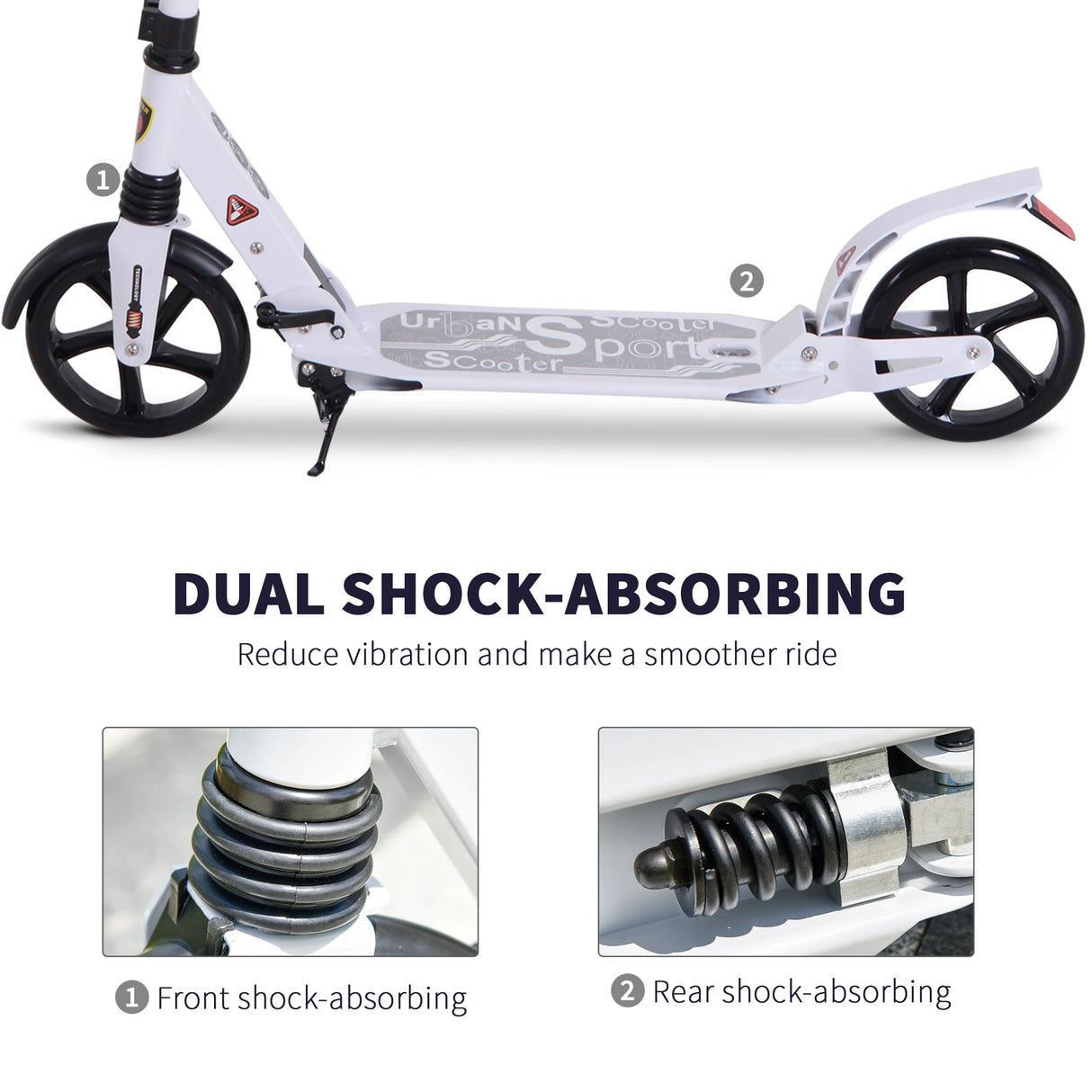 HOMCOM Folding Kick Scooter, Adjustable Ride On Scooter with 200mm Big Wheels and Double Shock Absorption, Urban Scooter for 14+ Teens Adult, White