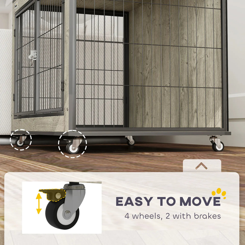 PawHut Dog Crate Furniture with Wheels, Double Doors, for Medium Dogs, Grey