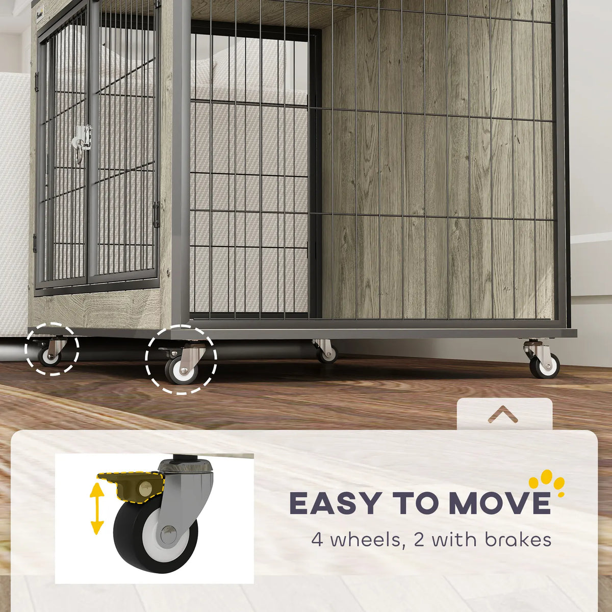 PawHut Dog Crate Furniture with Wheels, Double Doors, for Medium Dogs, Grey