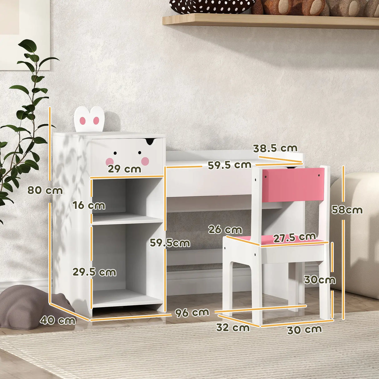 AIYAPLAY Rabbit-Themed Kids Desk and Chair Set with Bookcase, Drawers, Shelves, for Ages 3-6 Years, Whtie/Pink